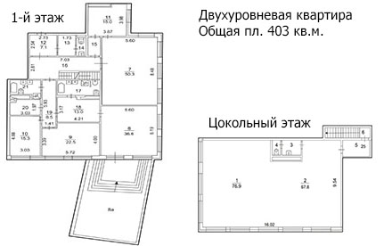 Двухуровневая кв-ра площадью 403 кв.м, 1-й + цольный этажи